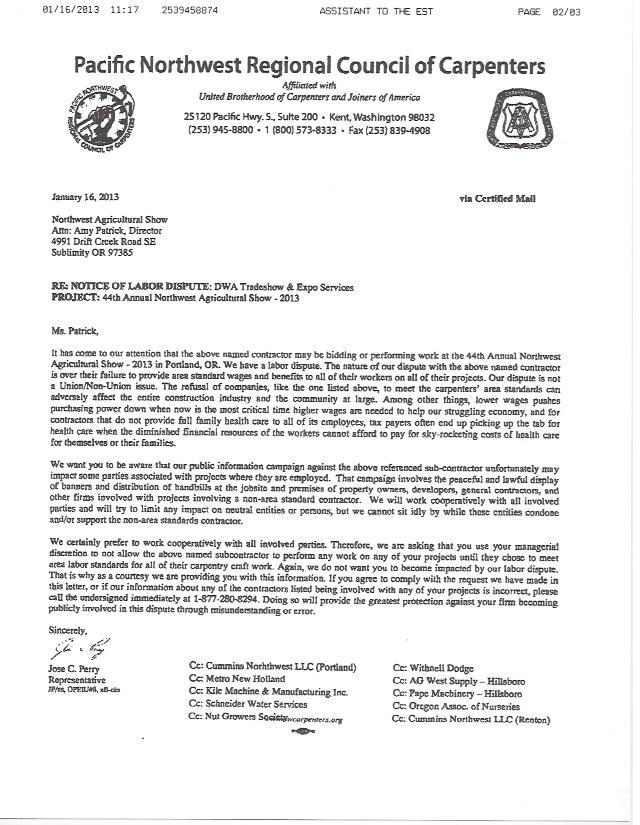 Capenters Union letter Capenters Union letter