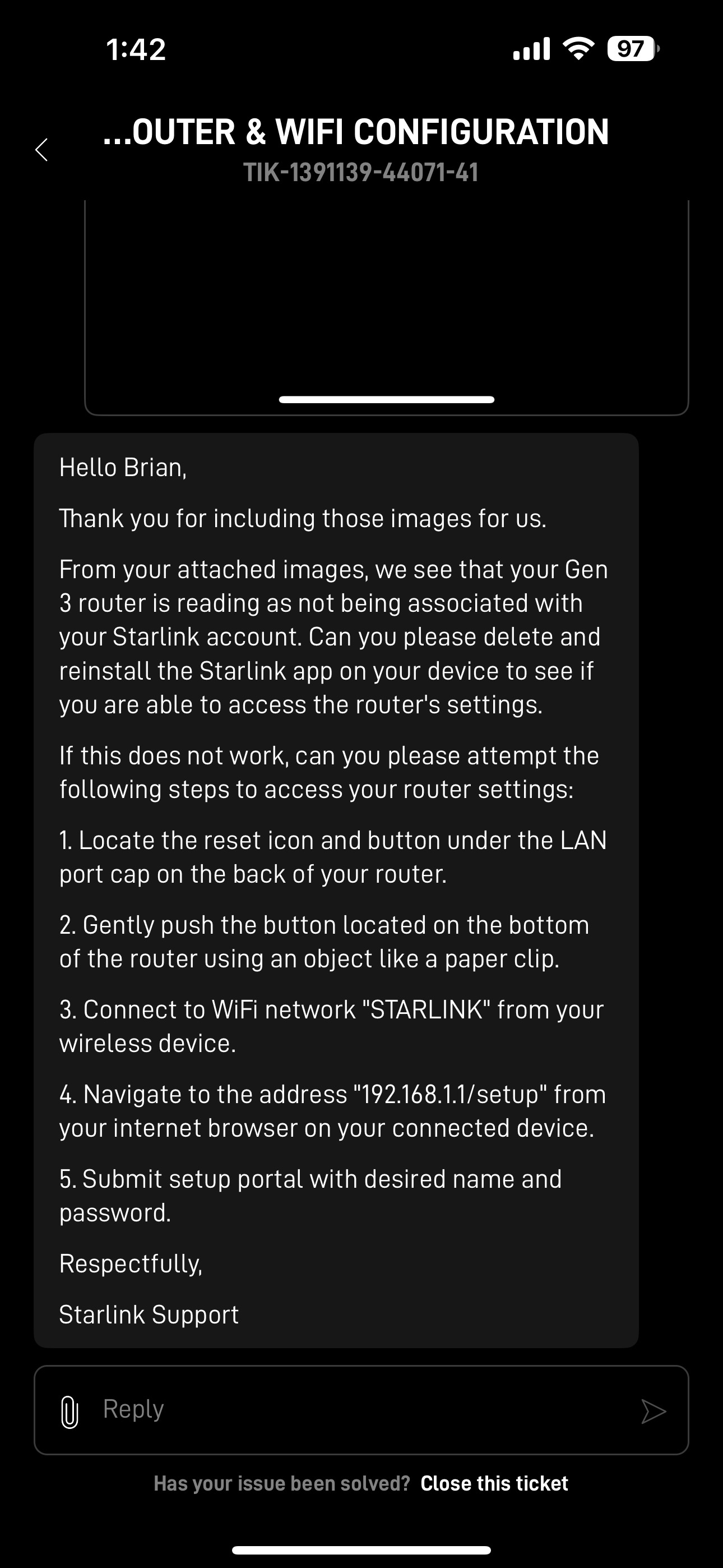Starlink support response Starlink support response
